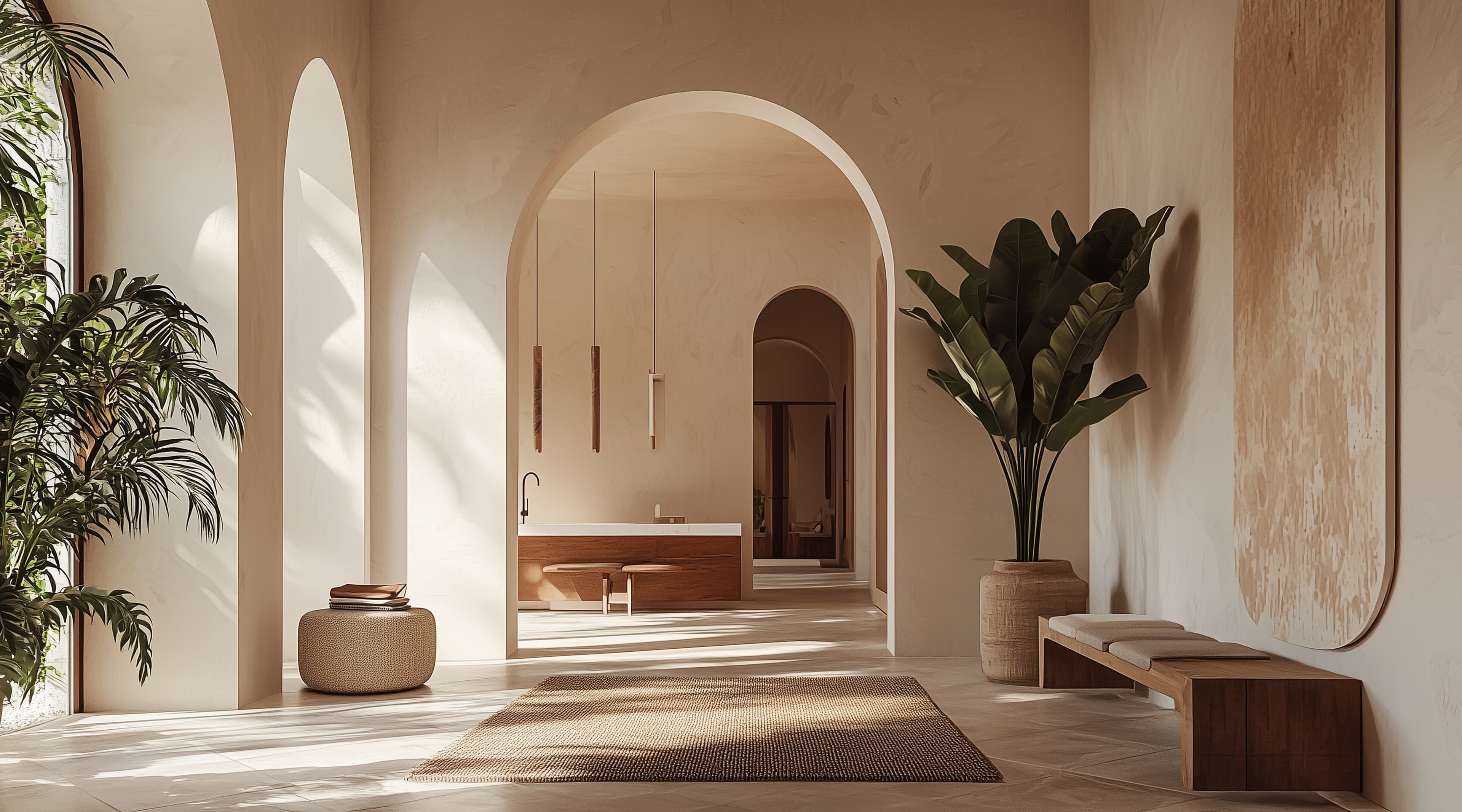Luxury interior with arched doorways and spa bathroom
